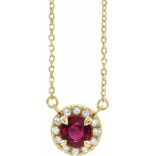 14K Yellow Round Ruby Diamond Necklace